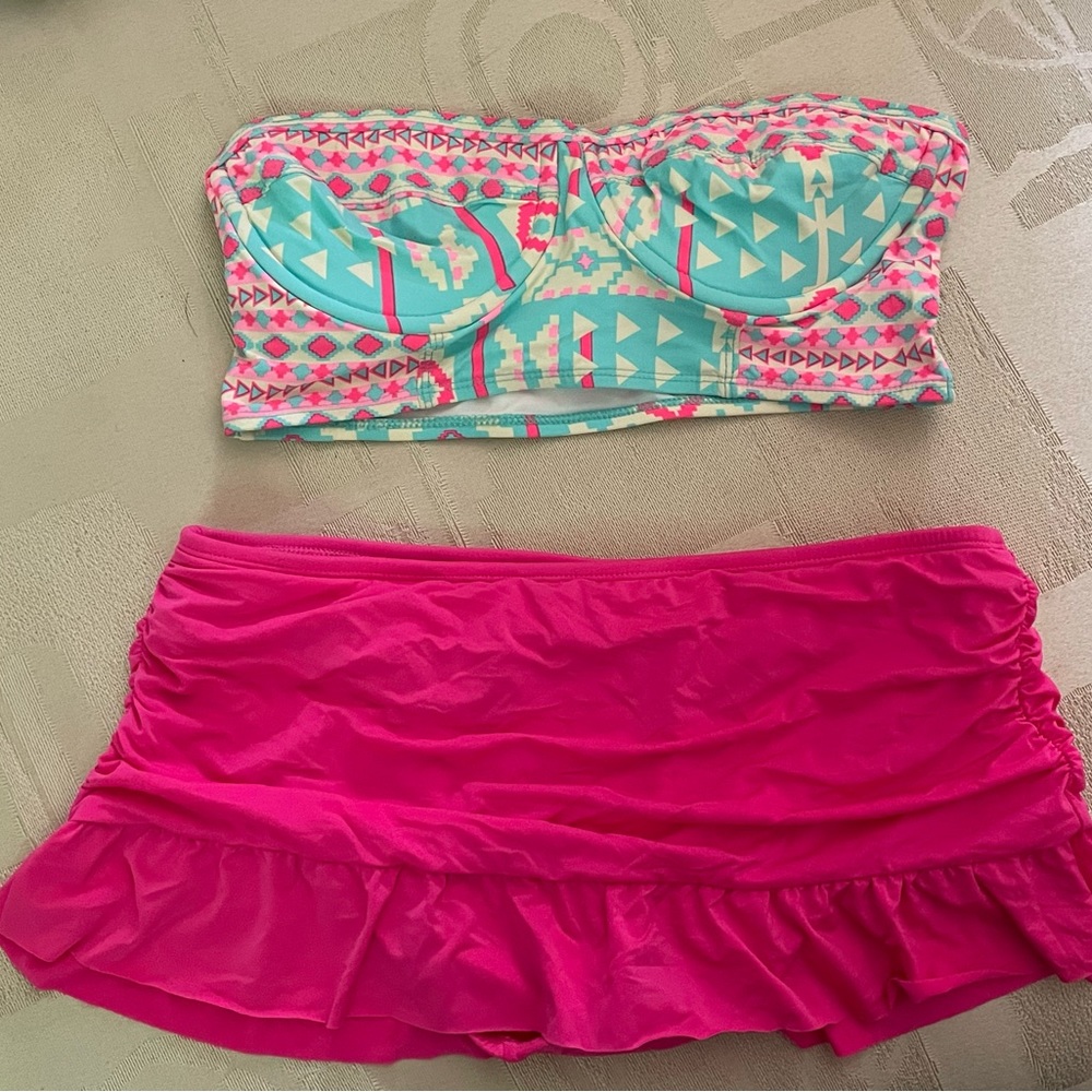 2 piece Bathing Suit Set Strapless Tribal Top and Skort Bottoms